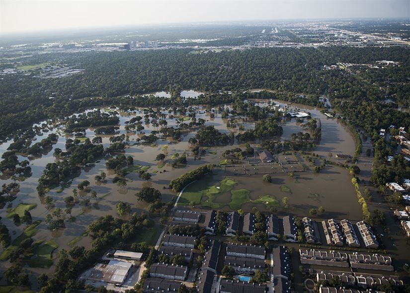 Aerial view of flooded town